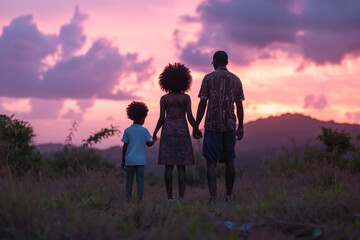Moody pink and purple sunset rural landscape - black African american couple and child walking away - full view from behind - silhouette of a loving diversity black ethnic descendant family - Powered by Adobe