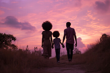 pink vibrant sunset field - black African american couple and child walking away - full view from behind - silhouette of a loving diversity black ethnic descendant family
