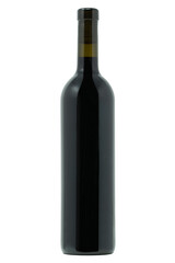 Bottiglia bordolese vetro scuro con vino rosso e tappo in sughero su sfondo trasparente