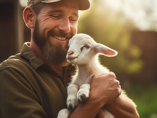 photo of happy senior female Farmer holding goatling in field, closeup.