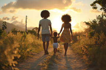 Sunset ranch dirt road - black African american couple and child walking away - full view from behind - silhouette of a loving diversity black ethnic descendant family - Powered by Adobe