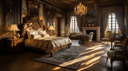 Chambre d'hôtel de luxe dans un château avec cheminée privée et meubles anciens restaurés avec goût - obrazy, fototapety, plakaty