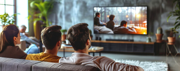 Young people watching movies on TV sitting on sofa in living room. Back view. - obrazy, fototapety, plakaty