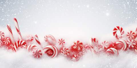 Naklejka na ściany i meble Swirls of red and white stripe through a festive gathering of candy canes dusted with snow