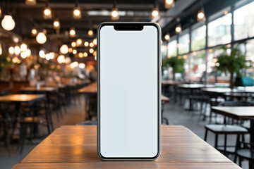 Mockup image of smartphone with blank white screen on wooden table in cafe, digital menu concept - obrazy, fototapety, plakaty