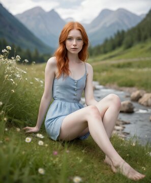 photograph of a cute nordic girl with red hair in a field surrounded by flowers and mountains