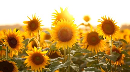 field of blooming sunflowers in sunshine isolated on transparent background