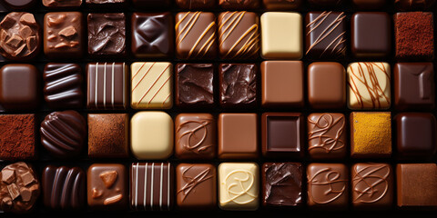 Various chocolates form an indulgent collage, with creamy and textured varieties on display - obrazy, fototapety, plakaty