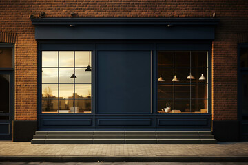 Blank frame mockup on a dark blue facade of a cafe with windows. - obrazy, fototapety, plakaty