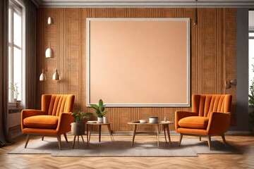 Two orange armchairs and a poster for the modern living room interior design, using wood wall panelling. A sideboard, pendant lamps, coffee tables, a window and parquet. Mockup. 3d rendering 3d render