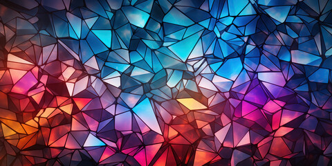 Kaleidoscopic pane sprinkles multicolored light on a darkened masonry - obrazy, fototapety, plakaty