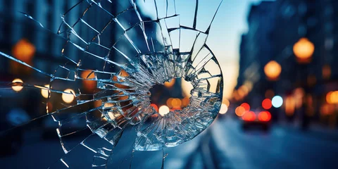 Fotobehang broken window with a stark hole, overlooking a busy city street © Malika