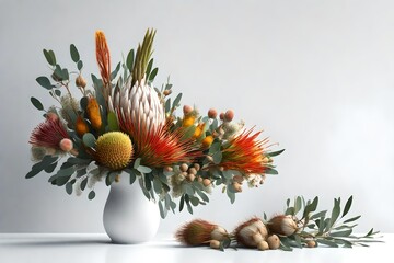 Beautiful floral arrangement of mostly Australian native flowers, including protea, banksia, kangaroo paw, eucalyptus leaves and gum nuts, in a white vase on a white table with a white background. 3d  - obrazy, fototapety, plakaty