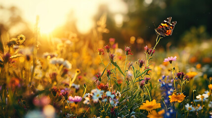 Beautiful summer sunset background with blooming wild flowers and flying butterfly