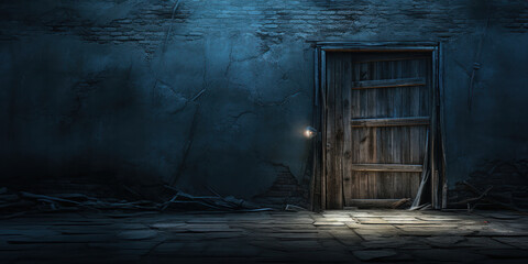 Soft glows seep through the cracks of a barricaded rustic door, suggesting a hidden warmth within