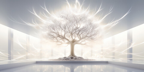Majestic tree with digital roots stands illuminated in a serene