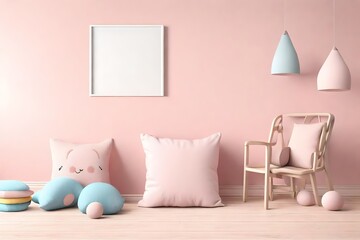 Mockup pillow in the children's room on light pink colors wall background 3d render