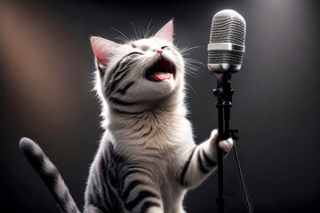 Singing cat with a microphone. Funny cat sings on a dark background
