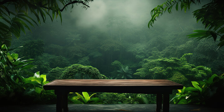 table with a jungle motif stands in the midst of a misty rainforest, the foliage creating a serene backdrop