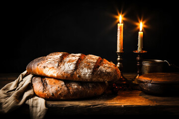 Two loaves of bread lie on a piece of cloth and weathered wood table. Lighted candles in candlesticks stand in the background. - obrazy, fototapety, plakaty