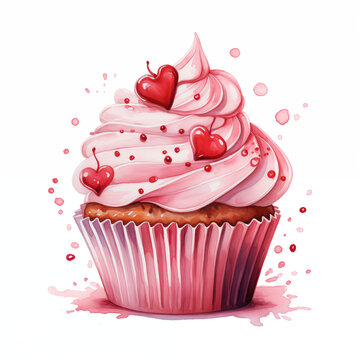 Watercolor Valentine cupcake, isolated Cupcake clipart on white background. Perfect for Valentine's Day, Birthday, Holiday, Food