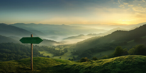 An arrow-shaped sign stands before misty green hills at sunrise - obrazy, fototapety, plakaty
