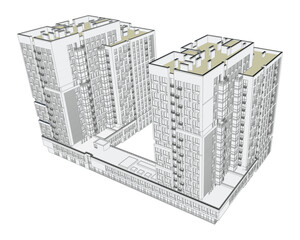 Vector architectural project of a multistory building, aerial view	
