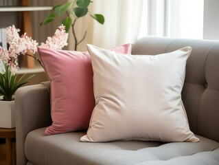 White square canvas pillow mockup on grey armchair, small cotton cushion mockup in living room interior.