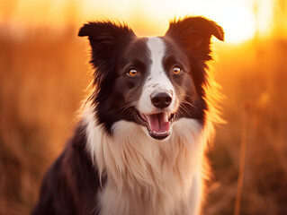 Fototapeta premium Border collie dog enjoying outdoors at a large grass field at sunset, beautiful golden light