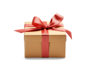 Gift box with red ribbon and bow isolated on transparent background, side view