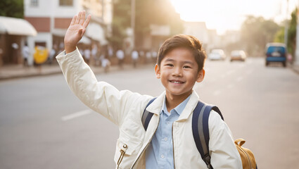Smiling asian boy in white vest with a backpack waving his hand in the street of modern asian suburb on his way to school - obrazy, fototapety, plakaty