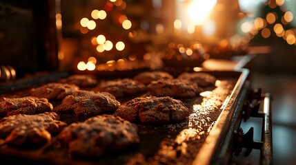Chocolate chip cookies on a baking sheet in the oven. Bokeh background. - obrazy, fototapety, plakaty
