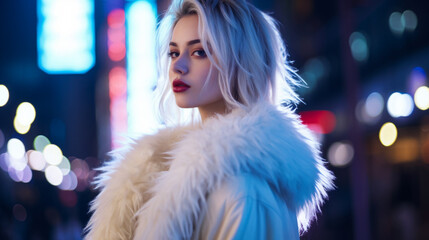 Young blonde woman stands on the street of a night city. Сlose up Portrait