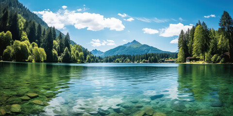 The majestic beauty of a clear lake reflecting the surrounding mountains and green trees, under a bright summer sky - obrazy, fototapety, plakaty