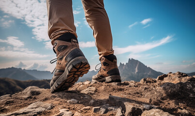 A hiker walking on rocky ground in the mountains, trking shoes. In the background a nice serene sky. Shot on the feet themselves