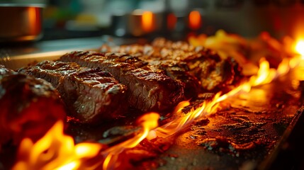 Grilling beef steak on a barbecue grill with flames in the background.