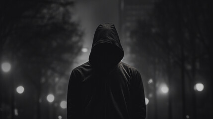 Hooded man standing on the street. Night city street. Black and white color