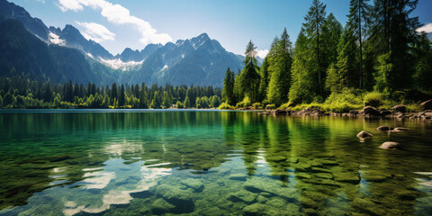 serene green lake nestled in the heart of towering mountains, under a clear, sunny sky - obrazy, fototapety, plakaty