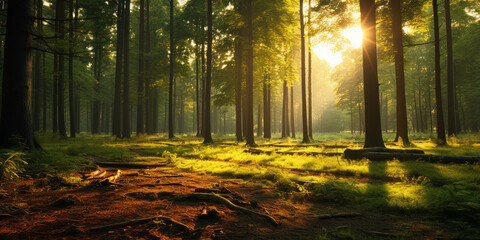 Serene forest glade bathed in the soft golden light of a setting sun