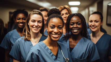 Portrait of a diverse group of doctors and medical workers in a hospital with a stethoscope
