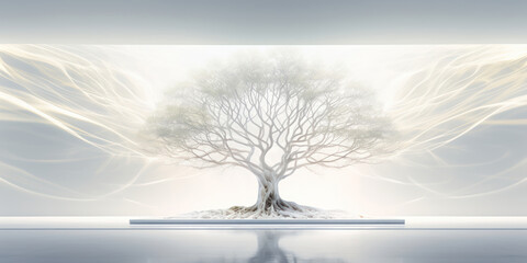 Majestic tree with digital roots stands illuminated in a serene