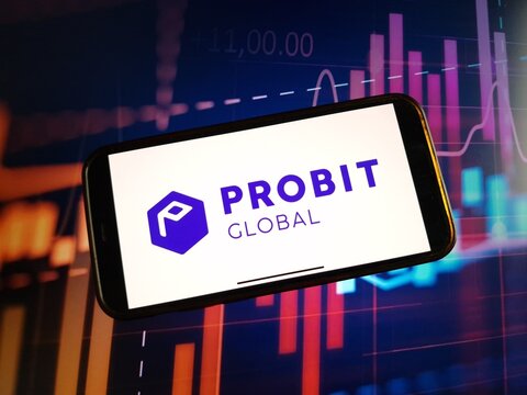 Konskie, Poland - January 05, 2024: ProBit Global cryptocurrency exchange logo displayed on smartphone on crypto market data background