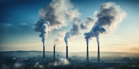Three chimneys emit puffs of smoke, a stark contrast to the blue skies over the urban horizon