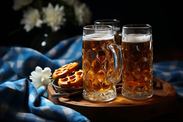 Beer mugs and pretzels on Bavaria flag fabric texture background. Oktoberfest, beer festival concept, stock image