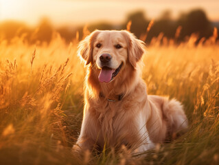 Golden Retriever dog enjoying outdoors at a large grass field at sunset, beautiful golden light	
