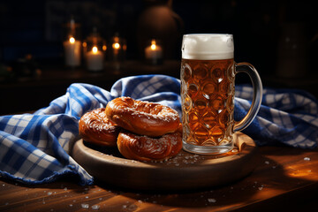 Beer mugs and pretzels on Bavaria flag fabric texture background. Oktoberfest, beer festival concept, stock image