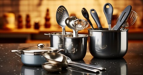 Kitchen Elegance - Metal cooking utensils on table. Generative AI - obrazy, fototapety, plakaty