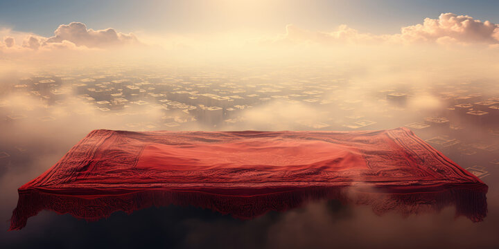Flying carpet with red patterns over a dusty city
