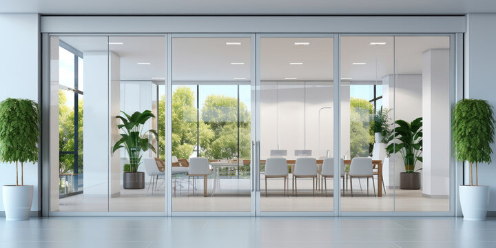 Sleek office entrance with glass doors offers a peek into a modern workspace