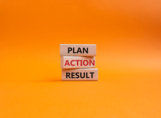 Plan Action Result symbol. Concept words Plan Action Result on wooden blocks. Beautiful orange background. Business concept and Plan Action Result. Copy space.